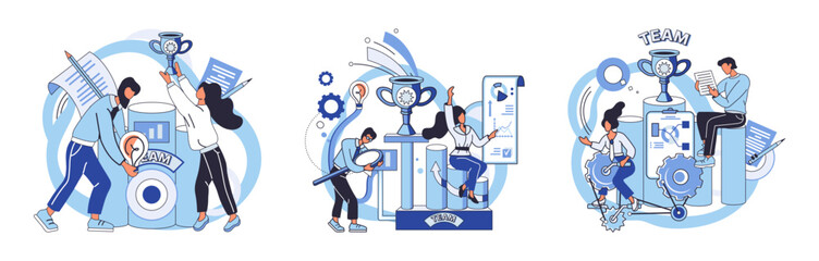 Team solving complex problems. Teamwork vector illustration metaphor. Finding new ideas Problem solving Teamwork search for solutions Stages of business implementation, startup, problem solving