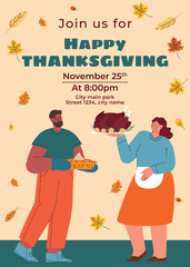Thanksgiving day poster. Happy Thanksgiving Day Food. Autumn Fall Season. Flat vector Illustration. Vector illustration