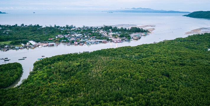 Aerial view of tourist pier at Pakbara, Satun, Thailand.