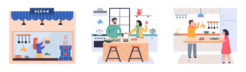 People cooking vegetarian food. Vector illustration. Man and woman with children preparing food for dinner. People cooking. Husband and wife are preparing together. Man and woman in the kitchen