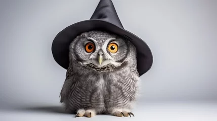Abwaschbare Fototapete Eulen-Cartoons a photograph of cute owl use witch hat for halloween celebration generative ai