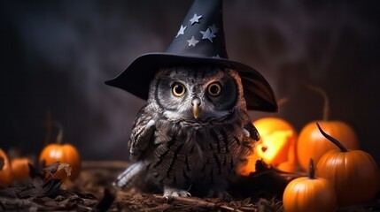 a photograph of cute owl use witch hat for halloween celebration generative ai