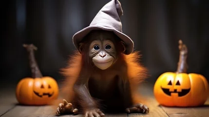 Gordijnen a photograph of cute monkey use witch hat in halloween celebration generative ai © Leaf