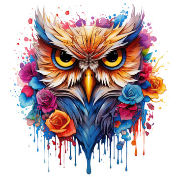 recommend clip art: A stunning T-shirt design featuring a stylized owl formed entirely from an array of colorful flower petals, Generative Ai