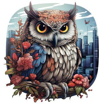recommend clip art: An enchanting scene of an owl perched on a windowsill, looking out onto a moonlit cityscape adorned with skyscrapers, Generative Ai