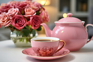 Fototapeta na wymiar pink coffee cup in a fancy cafe