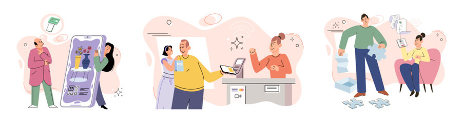 Cashless payment. Vector illustration. Mobile cashless options make it easy to pay on go using your smartphone Online and mobile payments offer convenience and flexibility for making transactions