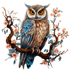 A captivating illustration of an owl adorned with intricate flower patterns, perched on a moonlit branch, Generative Ai