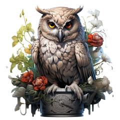 An exquisite sculpture of an owl resting atop a sculpted stone pedestal, the owl's form adorned with delicate flowers, Generative Ai
