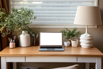 Fototapeta premium workspace computer laptop on table, generate with Ai.
