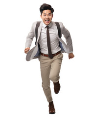 Fototapeta premium asian young man,running happy isolated on transparent background . Generative AI