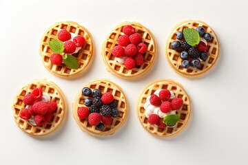 Top view minimalism Viennese waffles with berries and ice cream on a light background