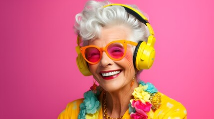 A woman in a yellow jacket listening to music with headphones