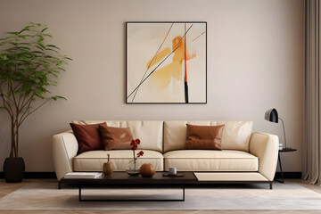 A contemporary living room with a sleek leather sofa, warm beige walls, and a hint of modern art
