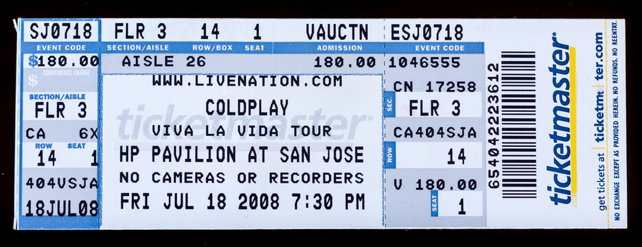 San Jose, California - July 18, 2008 - Old used ticket for the concert of Coldplay at HP Pavilion