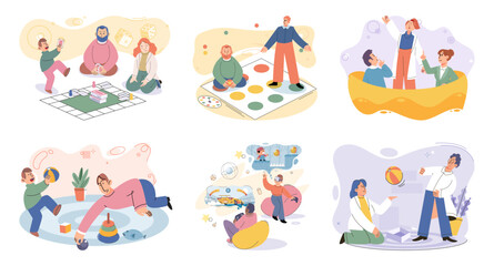 Game together. Family fun. Friendship time. Vector illustration. Board games offer endless possibilities for people of all ages to come together and enjoy The laughter and excitement during game night