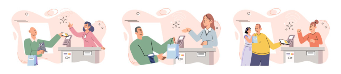 Cashless payment. Vector illustration. Wireless payment systems eliminate need for swiping or inserting cards at payment terminals Many countries are working towards creating cashless society