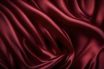Closeup of rippled maroon color satin fabric cloth texture background