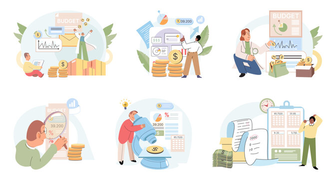 People analysis budget. Calculate financial plan of save income and expense management. Budget planning, records management, cash flow statement metaphors. People analyzing personal corporate budget