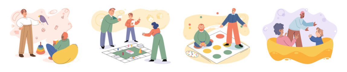 Obraz premium Game together. Family fun. Friendship time. Vector illustration. The laughter and cheerfulness during friends game night simply infectious Playing games with loved ones creates warm and welcoming