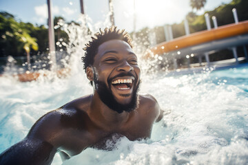 portrait of happy black man in waterpark swimming pool