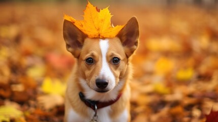 maple leaf falling on the head dog at autumn forest.autumn season
