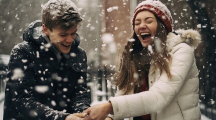 candid shot of a couple engaged in a snowball fight. winter season.