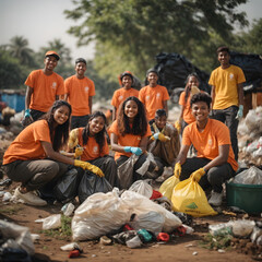 Team of young and diversity volunteer worker group enjoy charitable social work outdoor in cleaning up garbage and waste separation project, smirking. Image created using artificial intelligence.