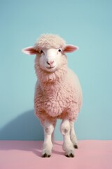 Fototapeta premium Portrait of a sheep with pink wool isolated on pastel pink and blue background
