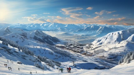 Fototapeta na wymiar Aerial view of a ski slope showing skiers