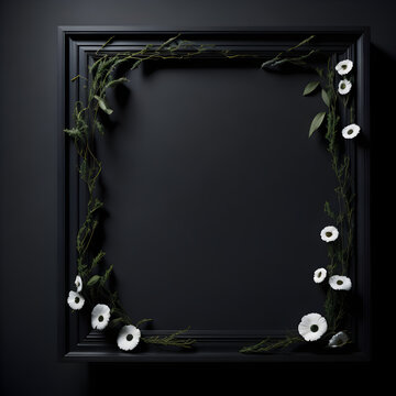 Generative KI schwarzer leerer Bilderrahmen mit Blumen auf schwarzer Wand
