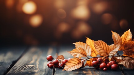 Herbstlicher Hintergrund mit Blättern und Beeren auf dunklem Holztisch mit Bokeh Hintergrund und Platz für Text - obrazy, fototapety, plakaty