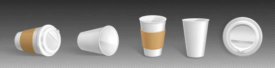 White isolated paper coffee cup vector mockup. Empty disposable plastic take away mug with lid and sleeve mock up. Realistic cafe container for cappuccino or latte with brown eco holder package