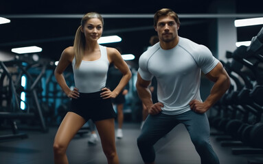 Fototapeta na wymiar Couple in the gym, Attractive sport couple doing fitness at gym.