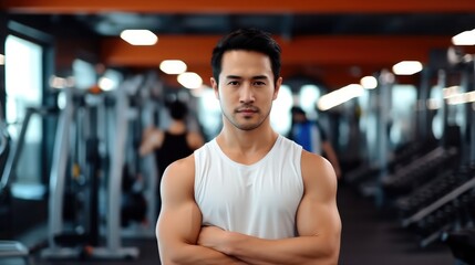 Fototapeta na wymiar Asian man athlete crosses arms in fitness center, Handsome guy smart and confidence.