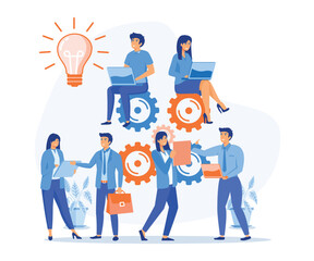  brainstorming and teamwork concept. Group of young business people collaborating,  thinking about creative idea,  flat vector modern illustration