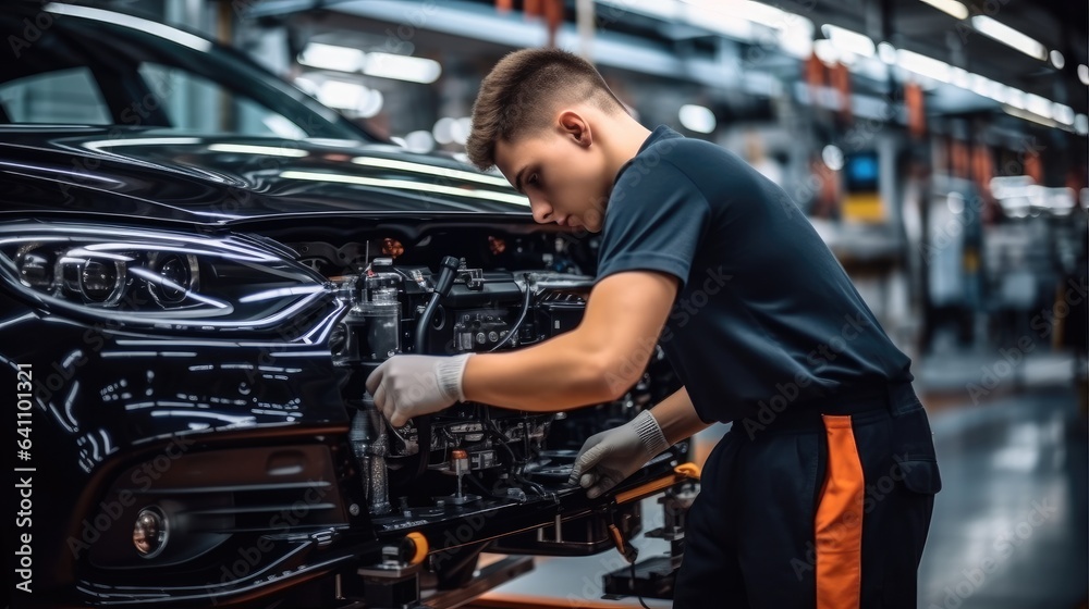 Aufkleber worker attaches components to an auto engine at factory production line.