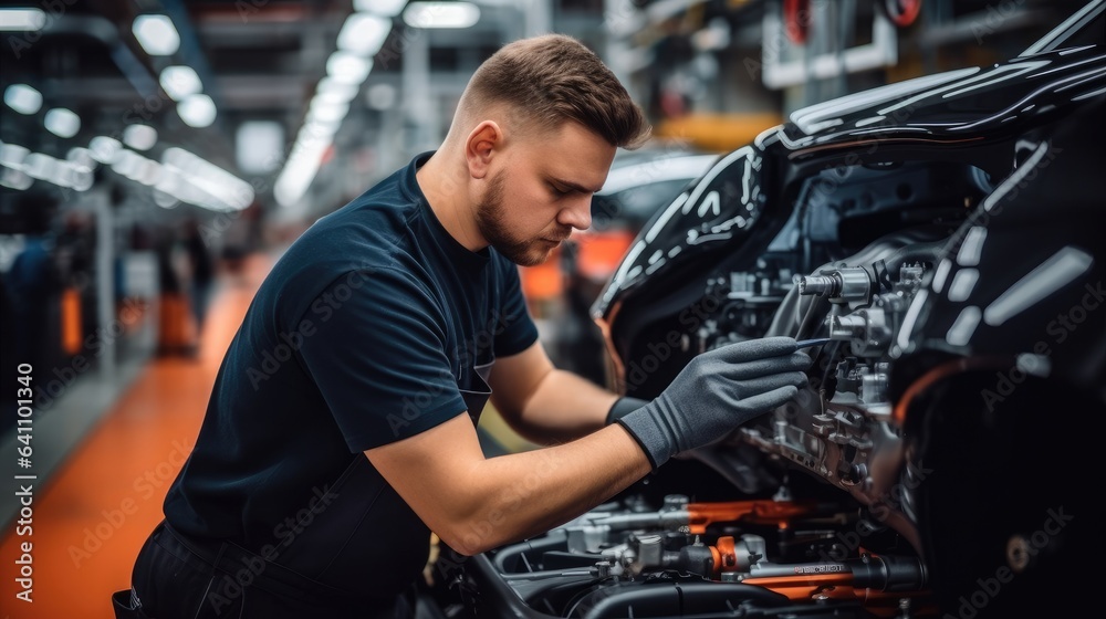 Aufkleber worker working in auto factory production line.