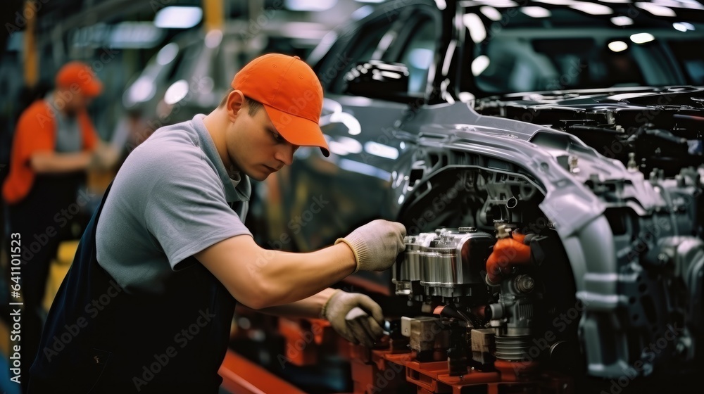 Aufkleber Worker attached components to an auto engine at car factory.