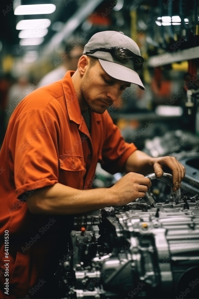 Aufkleber worker attached components to an auto engine at car factory.