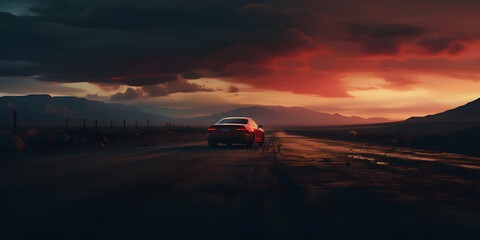 Fototapeta na wymiar car on the road at sunset, panoramic cinematic photography