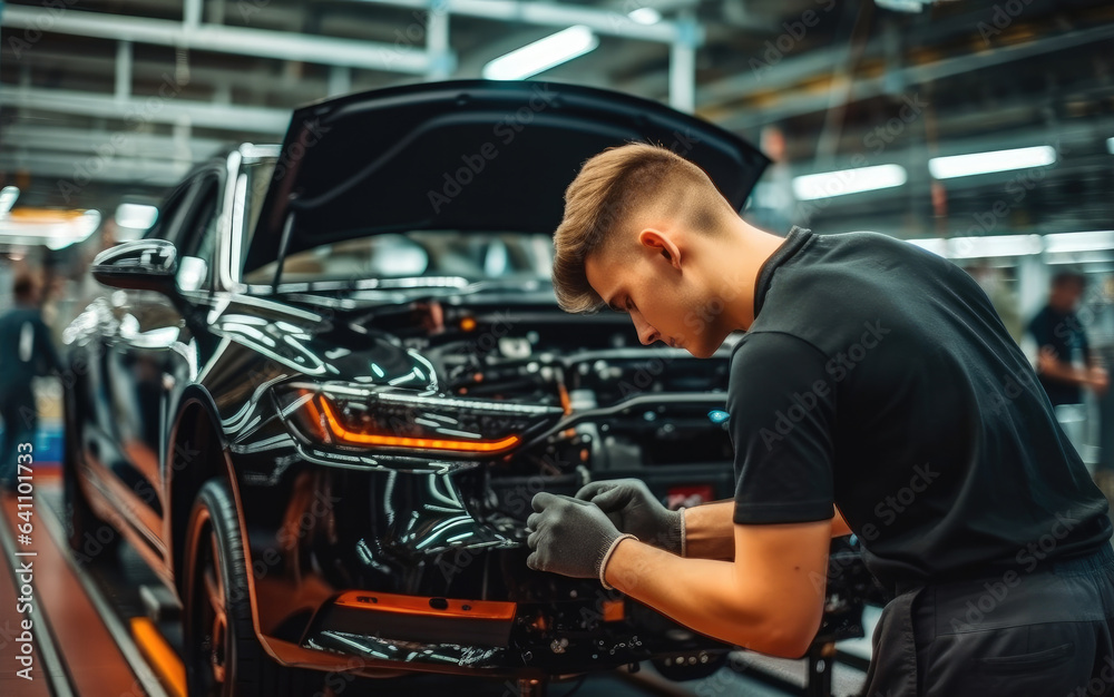 Aufkleber worker attached components to an auto engine at car factory.