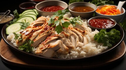 Chicken rice, Singaporean dish made with poached chicken served on fragrant rice, Accompanied by ginger sauce and chili sauce.