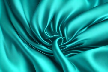 Closeup of rippled cyan color satin fabric cloth texture background