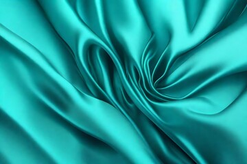 Closeup of rippled cyan color satin fabric cloth texture background