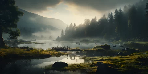 Peel and stick wall murals Morning with fog mist over the river, cinematic photography