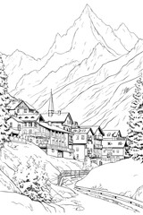 France Chamonix village cityscape black and white coloring page for adults. French Alps buildings, mountains, street, landmarks vector outline doodle sketch for anti stress color book