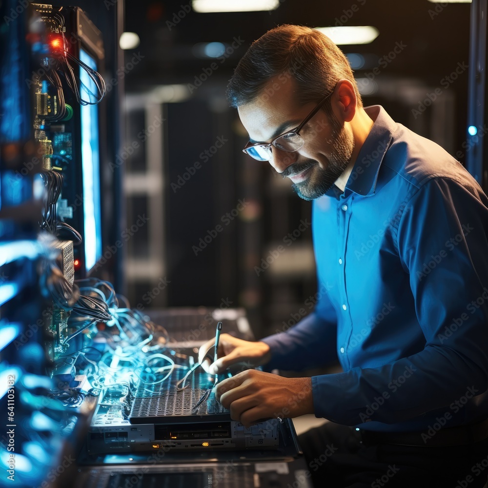 Aufkleber Man on research for programming in server room, Information technology, inspection in data center reading.