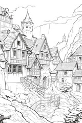France Polignac village cityscape black and white coloring page for adults. Haute Loire buildings, skyline, street, landmarks vector outline doodle sketch for anti stress color book