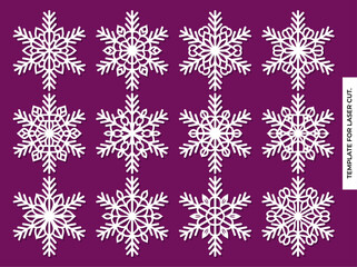 Naklejka na ściany i meble Set of laser cutting openwork snowflakes. Vector silhouette of christmas decoration. Template for paper isolated on blue background. Stencil for scrapbooking, carved wood. 
